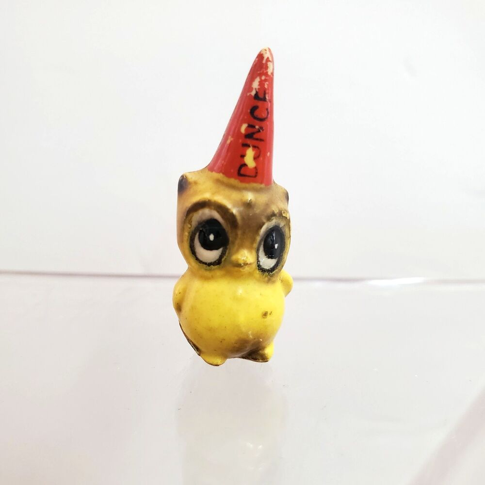 Vintage Josef Originals Miniature Owl Figurine Dunce Cap Hat School Japan MCM